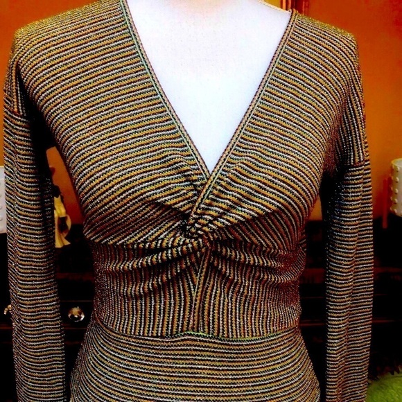 Ramy Brook Multicolored Ribbed All Over Metallic Design Long Sleeve Blouse XS - Picture 3 of 16